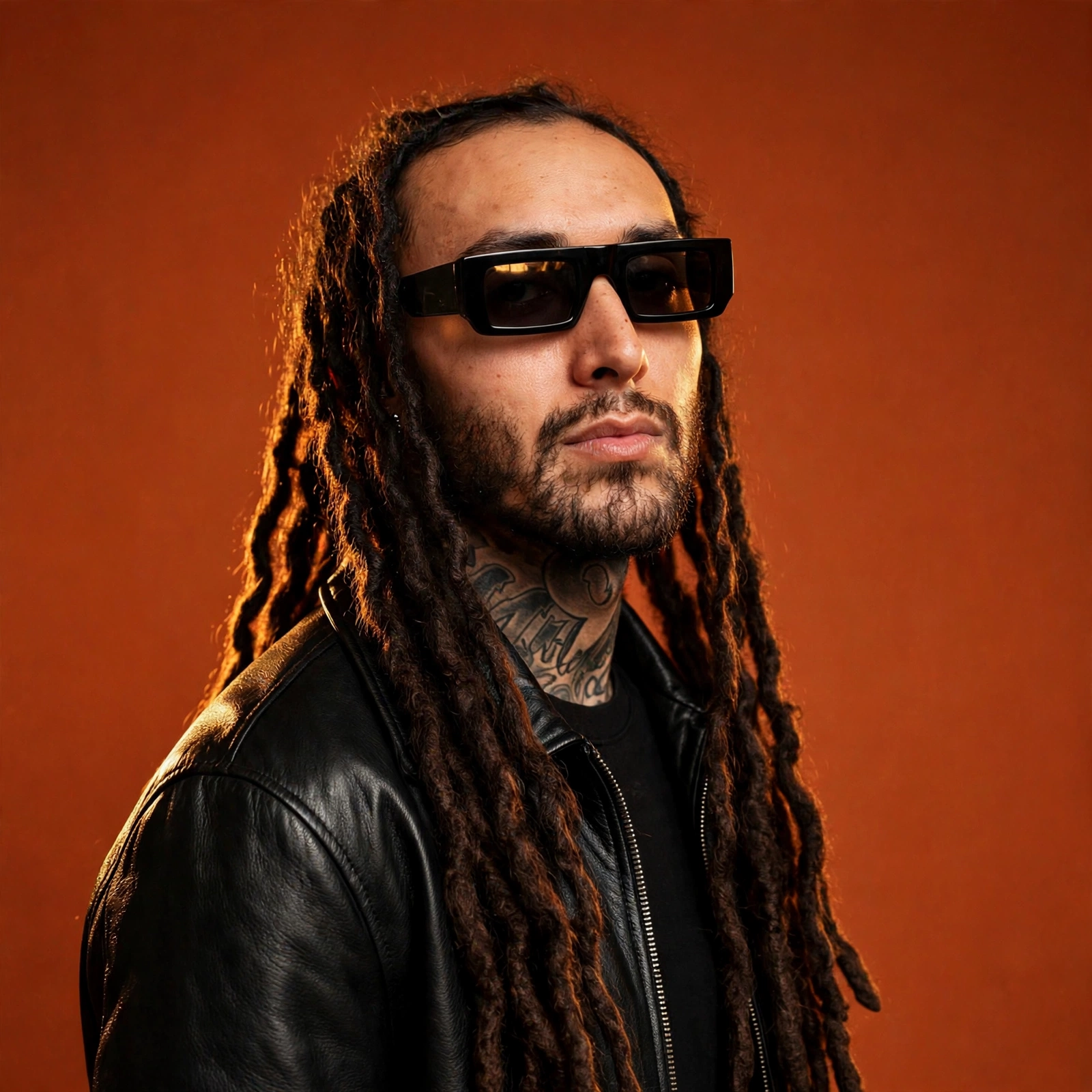 Kilohana wearing a black leather jacket and sunglasses against a burnt-orange background