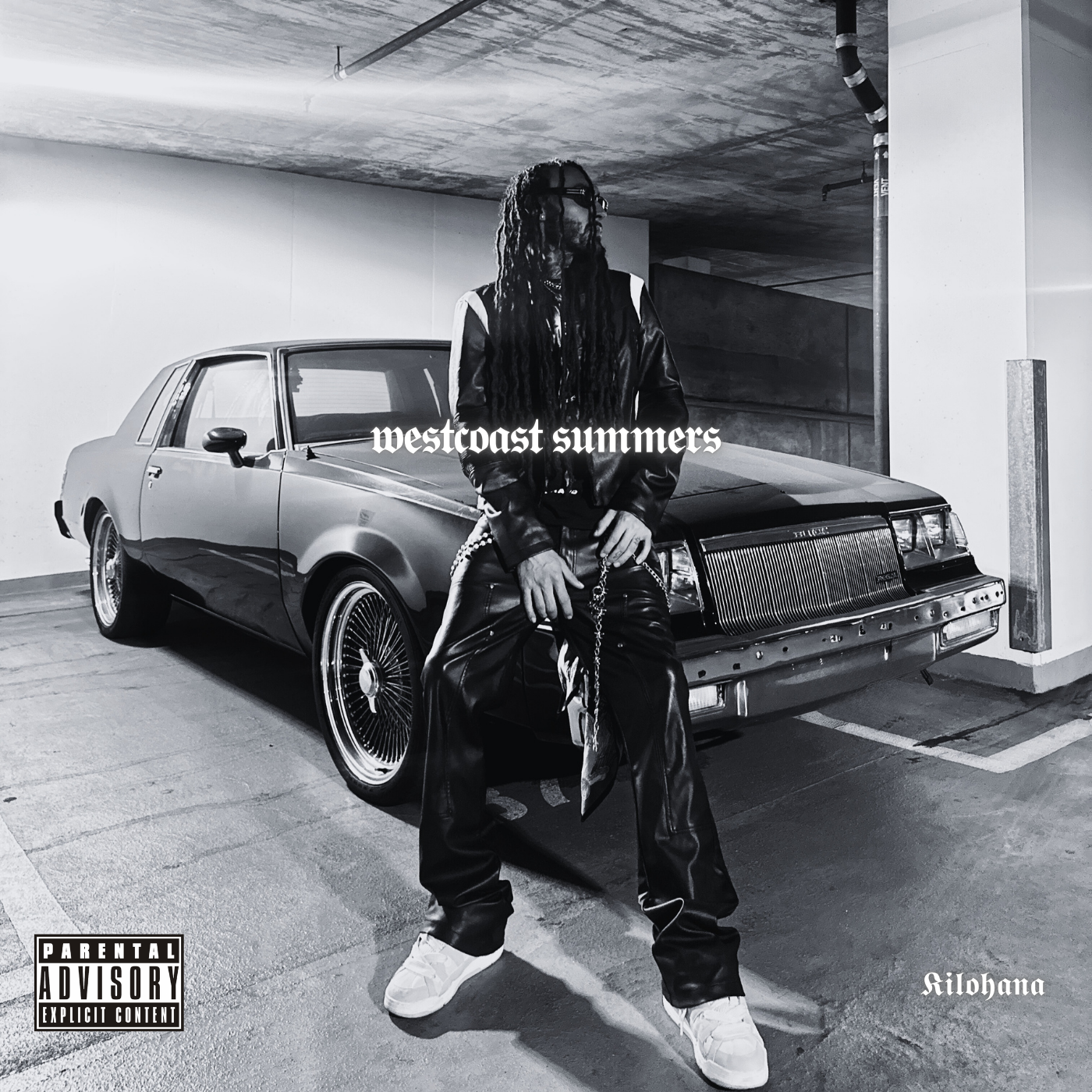 Westcoast Summers album cover showing Kilohana leaning against a classic car in black and white